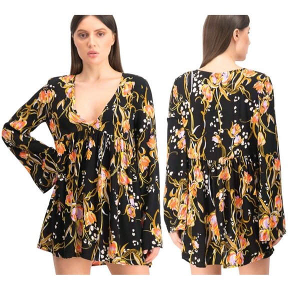 Free People Bella Whimsygoth Floral Print Y2K Bell Sleeve Tunic Mini Dress Small - Picture 1 of 11